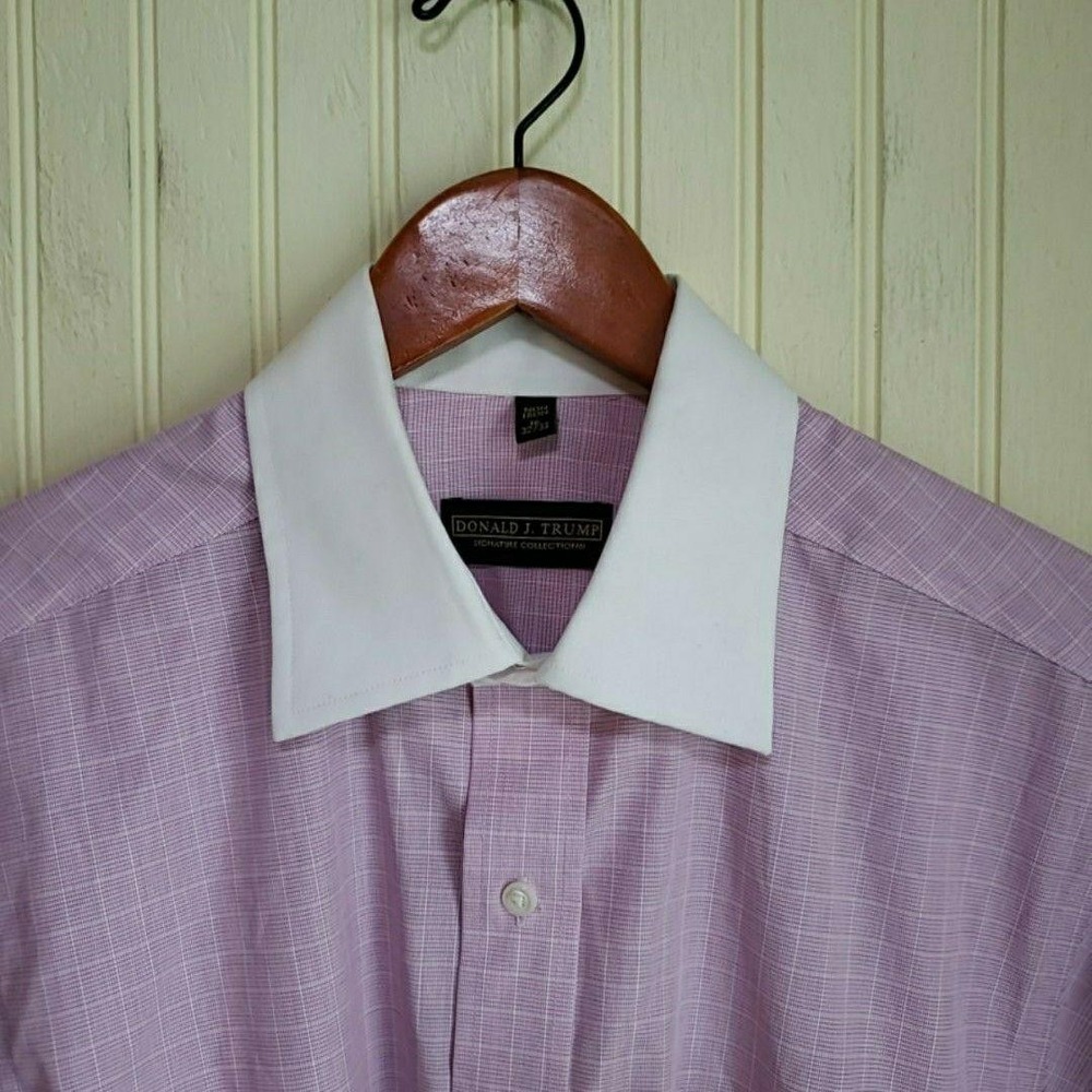 Donald J. Trump Dress Shirt Mens 16 32/33 Purple Check‎ Non Iron French Cuff